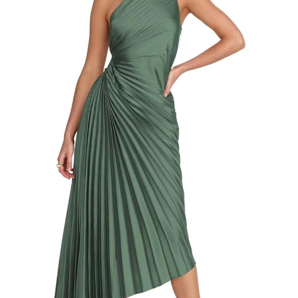 Elegant One-Shoulder Pleated Midi Dress - Eucalyptus Green - size 16 - new
